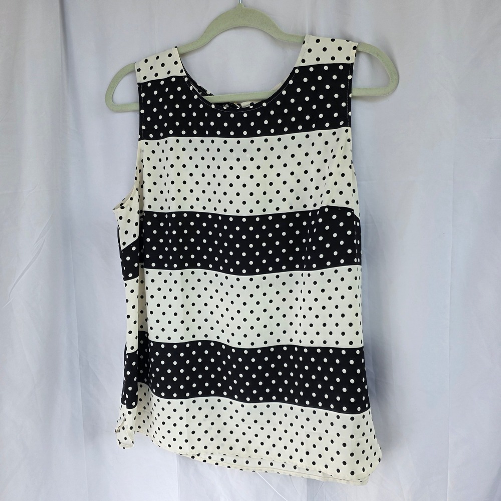 Talbots Womens Polka Dot Striped Sleeveless Shell Blouse Black White Large L